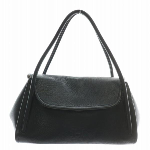 黒レザー Hロゴ ハンドバッグ HIROFU ヒロフ HIROFU ハンドバッグ シボ革 レザー マグネット ロゴ 型押し 黒