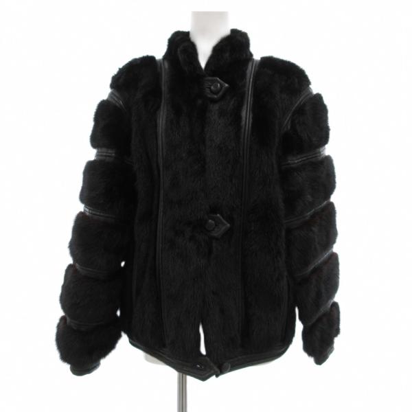 ノーブランド ミンクファー コート レザー 切替 ミドル丈 黒 ブラック