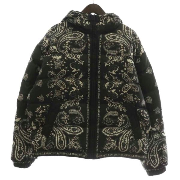 【中古】ヴェルサーチジーンズ VERSACE JEANS COUTURE ダウンジャケット アウター フード ペイズリー 総柄 S 黒 ヴェルサーチジーンズ VERSACE JEANS COUTURE ダウンジャケット