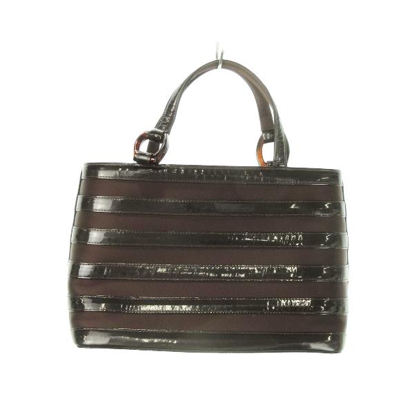 【中古】ワコウ WAKO 和光 ハンドバッグ エナメル ナイロン ボーダー 茶 ブラウン /AO8 ■GY11 レディース ワコウ WAKO 和光 ハンドバッグ エナメル ナイロン ボーダー 茶