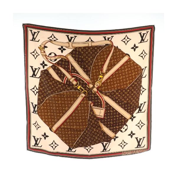 【中古】ルイヴィトン LOUIS VUITTON カレ キープ イット オール スカーフ 絹 シルク 総柄 ロゴ 茶色 ピンク M76414 LOUIS VUITTON（ルイ・ヴィトン） カレ キープ イット オール スカーフ