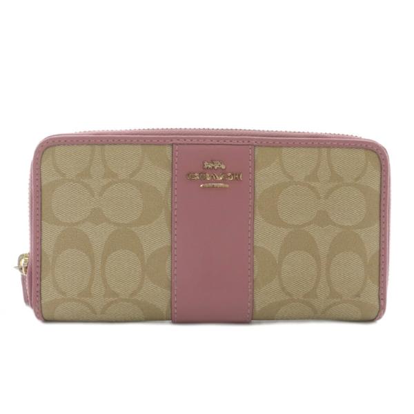 COACH 長財布 ベージュ・ピンク 新品 COACH（コーチ） 長財布 PVC レザー ラウンドファスナー ロゴ ゴールド