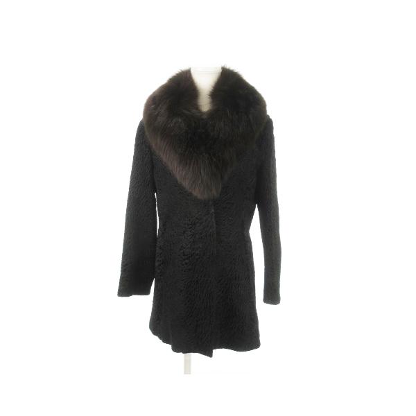 カラクールラム×フォックス ファーコート LL相当 黒 ロング丈 女優襟 高級感 極美品】カラクルラム ロングコート ブラック 襟フォックス リアル