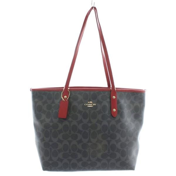 【中古】コーチ COACH トートバッグ ワンショルダー PVC レザー シグネチャー 総柄 ロゴ ゴールド金具 紺 赤 F37475 COACH（コーチ） トートバッグ ワンショルダー PVC レザー