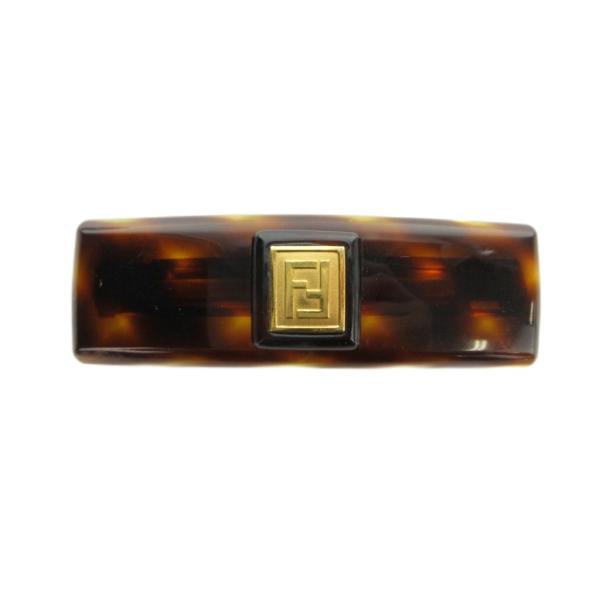 FENDI ロゴ入りべっ甲 バレッタ ブラウン ブラック シュシュ 袋付き 中古 FENDI（フェンディ） バレッタ ヘアアクセサリー ロゴ べっ甲柄 茶