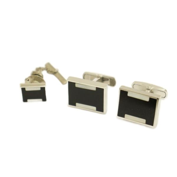 ノーブランド品 カフスボタン タイタック アクセサリー セット スクエア ロゴ シルバー色 ■GY18 /MQ メンズ