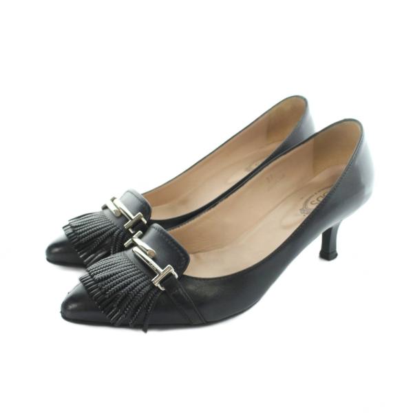 トッズ TOD'S パンプス ポインテッドトゥ ロゴ レザー 37 23.5cm 黒