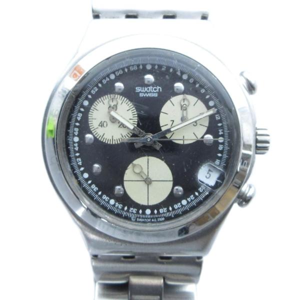 スウォッチ SWATCH ジャンク品 腕時計 クォーツ ウォッチ クロノグラフ カレンダー付き 黒文字盤 シルバー色 ■GY11 /MQ メンズ