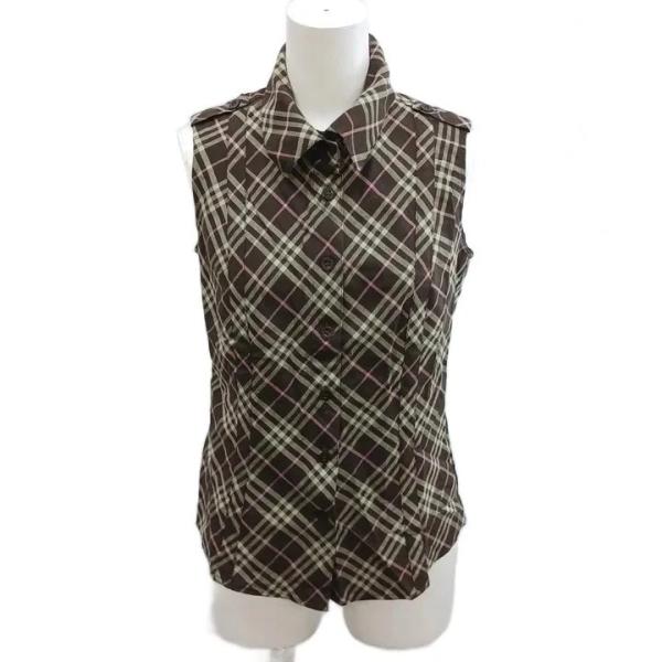バーバリーブルーレーベル BURBERRY BLUE LABEL シャツ ブラウス チェック柄 ノースリーブ 襟 38 茶 ブラウン /KK ■GY18 レディース