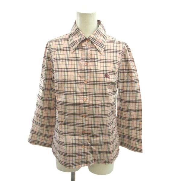 未使用品 バーバリーブルーレーベル BURBERRY BLUE LABEL シャツ チェック柄 長袖 38 ピンク ロゴ刺繍 トップス FE507-110 /YU ■GY18