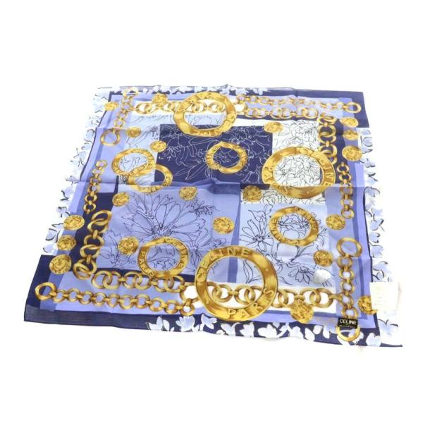 CELINE（セリーヌ） スカーフ ストール 総柄 ロゴ 絹 シルク 箱付き 青