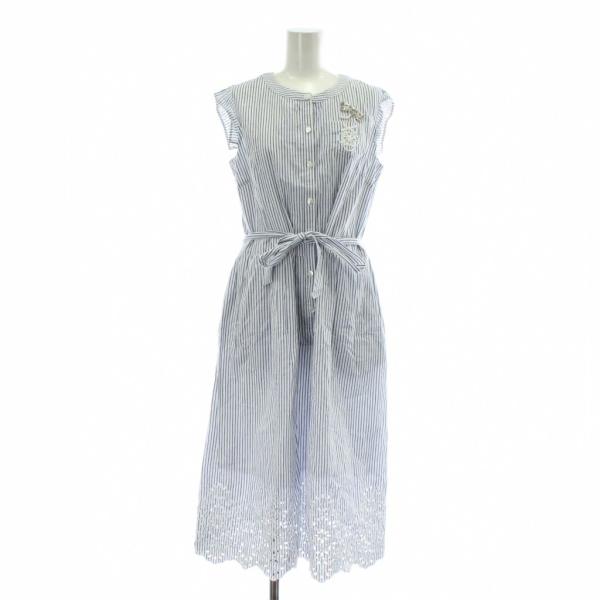 【中古】Super Beauty シャツワンピース ノースリーブ ロング ストライプ柄 ラインストーン 刺繍 ベルト 40 M 青 白 スーパービューティー Super Beauty シャツワンピース ノースリーブ