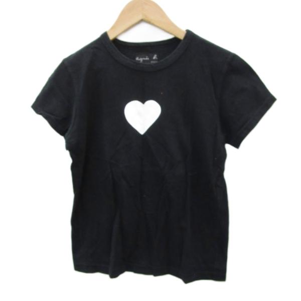 アニエスベー agnes b. Tシャツ カットソー 半袖 黒 ブラック ハートプリント /SM32 ■GY99 レディース