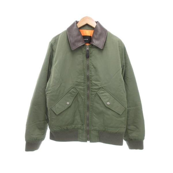【中古】コーチ COACH ウーブン ジャケット レザーカラー MA-1 フライトジャケット 中綿 L グリーン CN945 /UO COACH（コーチ） ウーブン ジャケット レザーカラー MA-1 フライト