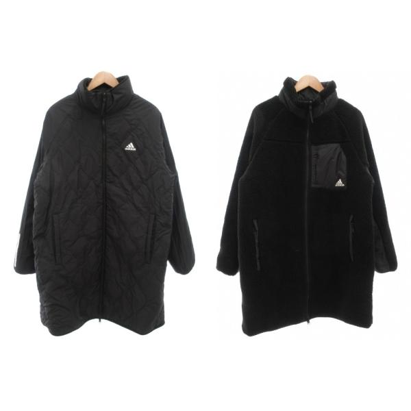 adidas ブラック キルティング ロングジャケット adidas（アディダス） リバーシブル フリースボアコート ロング