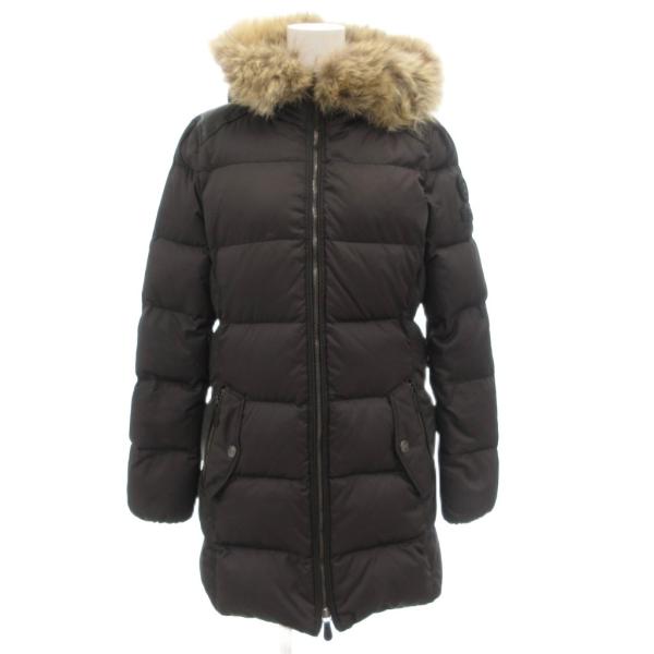 【中古】コーチ COACH ダウンコート フード ミドル丈 ナイロン コヨーテファー 裏地オプアート XS 黒 ブラック vectorpremium_167-102511060042