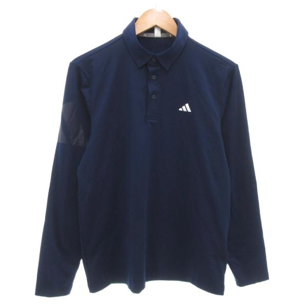 adidas（アディダス） ポロシャツ 長袖 M ロゴ プリント 紺 ネイビー