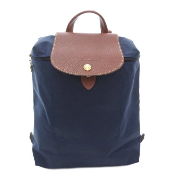 Longchamp ネイビー ナイロンバックパック ブラウンレザー ル プリアージュ® オリジナル M バックパック ネイビー - ファブリック