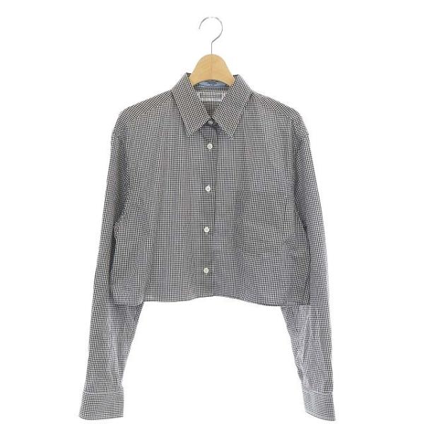 プラダ PRADA ギンガムチェック クロップドシャツ 長袖 40 黒 白  