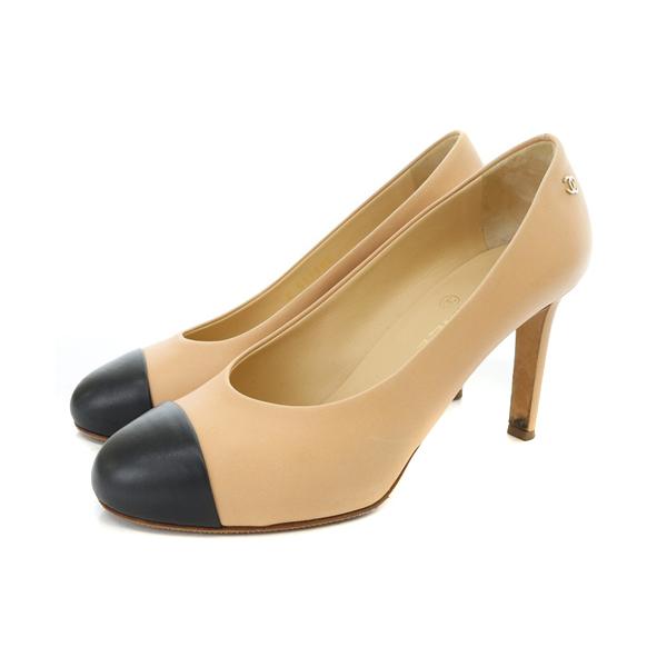 シャネル バレエ24.5 パンプス バイカラー チャンキーヒール 38C