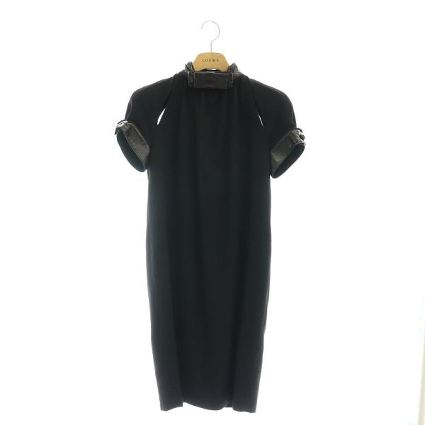 美品✨LOEWE　ロエベ　ワンピース　レザー　牛革　半袖　スペイン製　ロング　黒 LOEWE ロエベ カシミヤ レザー切替 バックオープンワンピース 膝