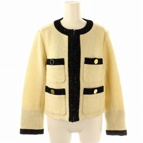 【中古】グレースクラス ラメツイードバイカラージャケット ノーカラー ウール 36 アイボリー 黒 ■SH レディース グレースクラス GRACE Class ラメツイードバイカラージャケット ノー