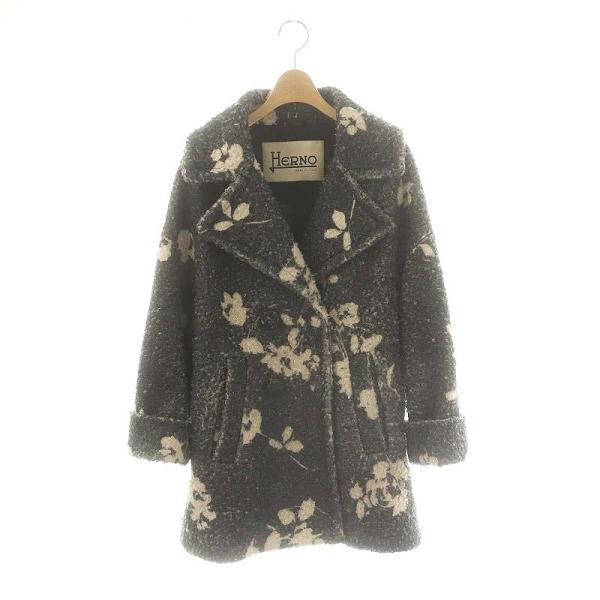 【中古】ヘルノ HERNO CA0333D 総柄 コート チェスター 38 グレー アイボリー /MI ■OS レディース ヘルノ HERNO CA0333D 総柄 コート チェスター 38 グレー アイボリー