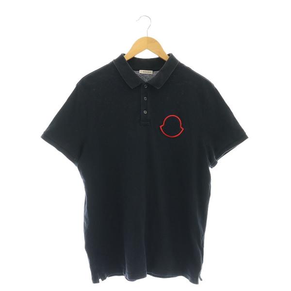 【美品】MONCLER・モンクレール・ポロシャツ・黒・赤・白・M・替えボタン MONCLER モンクレール 半袖 ポロシャツ ロゴワッペン 鹿子 黒 衿