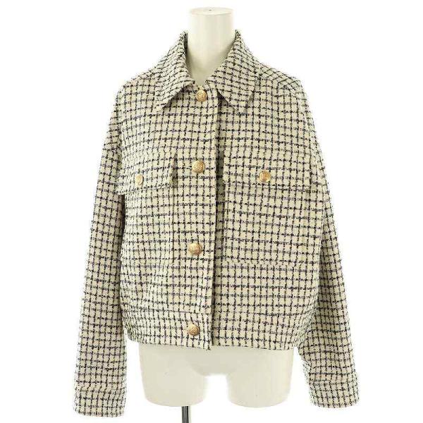 【中古】グレースコンチネンタル 25SSチェックツイードブルゾン ジャケット ステンカラー 36 黒 オフホワイト グレースコンチネンタル GRACE CONTINENTAL 25SSチェックツイード