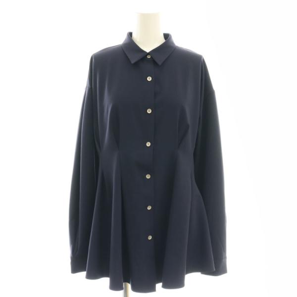 PLST ネイビー ペプラム トップス Mサイズ 美品】PLST パールボタンペプラムシャツ ネイビー Mサイズ