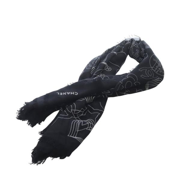 【中古】シャネル CHANEL 24C ストール カシミヤ シルク混 ココマーク 総柄 ロゴ フリンジ 黒 ブラック 白 CHANEL（シャネル） CHANEL 24C ストール カシミヤ シルク混 ココ
