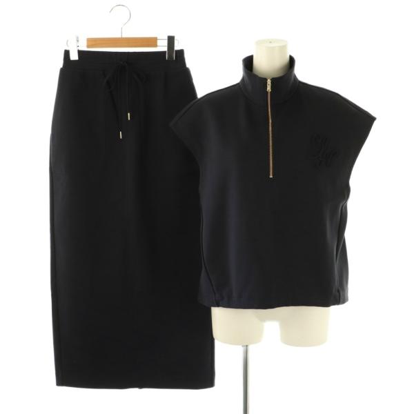 【中古】ルーニィ LOUNIE 25AW ハーフジップカットソーセットアップ 上下 フレンチスリーブ スカート ロング 36 濃紺 ルーニィ LOUNIE 25AW ハーフジップカットソーセットアップ 上下