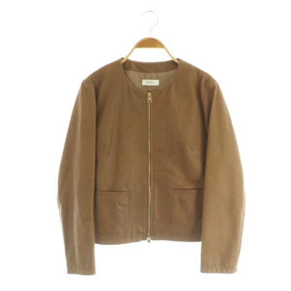 バーニーズニューヨーク BARNEYS NEW YORK シープスキン レザージャケット ノーカラー ジップアップ 40 ブラウン /MY ■OS レディース