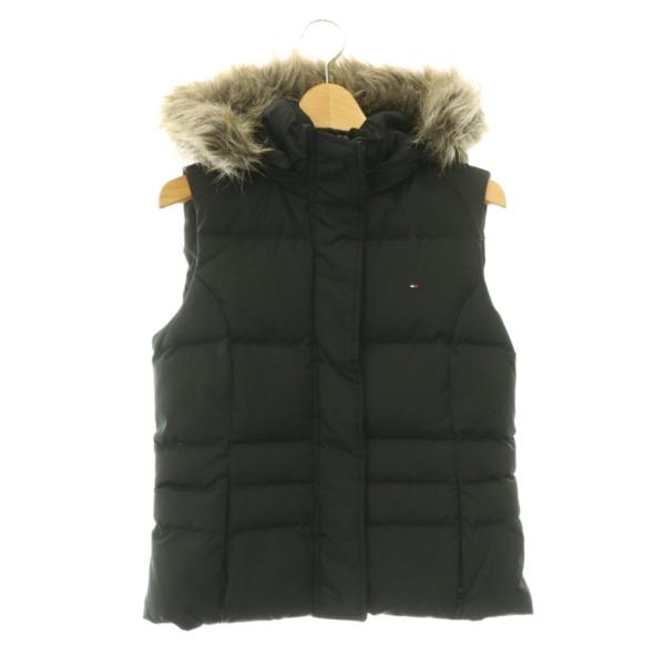トミーヒルフィガー TOMMY HILFIGER ダウンベスト フェイクファー フード ジップアップ S ブラック /DO ■OS レディース