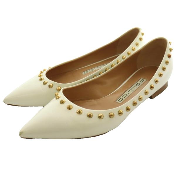 ペリーコ PELLICO シルバー スタッズ フラットパンプス36 レザー 美品 ペリーコ PELLICO フラットパンプス スタッズ レザー 36 白 ホワイト