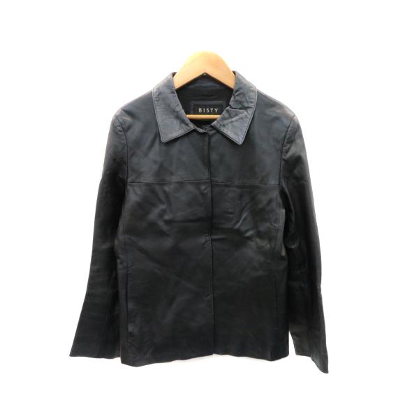 ビスティ BISTY レザージャケット 革ジャン ミドル丈 ステンカラー 総裏地 無地 38 黒 ブラック /YK41 レディース