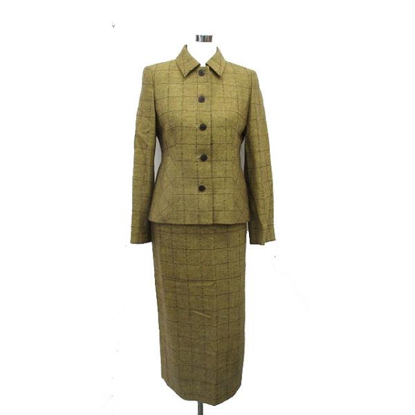 【美品】 Aquascutum スカートスーツセットアップ 10 グレージュ アクアスキュータム AQUASCUTUM セットアップ スーツ ステンカラー
