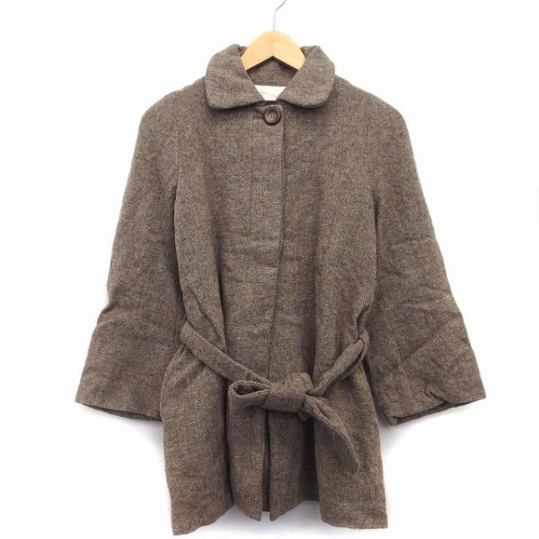 トータリテ Totalite ステンカラー コート ミディ丈 ウール 毛 総柄 タック ウエストリボン 38 ダークベージュ /HT24 レディース