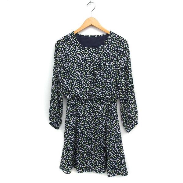 インデックス INDEX 花柄 フレア ワンピース 長袖 ひざ丈 S ネイビー