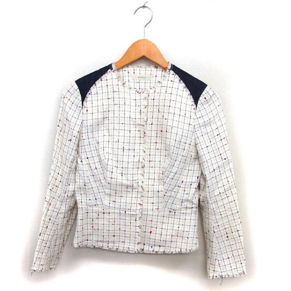 エポカ　未使用品　ツイード　チェック　ノーカラー　サイズ40(L) エポカ EPOCA ツイード ジャケット コットン混 チェック スナップ