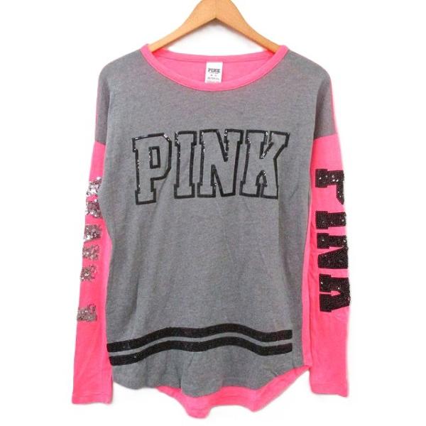 ヴィクトリアシークレット Victoria's Secret PINK カットソー Tシャツ 長袖 スパンコール コットン XS グレー 灰 /KT28 レディース