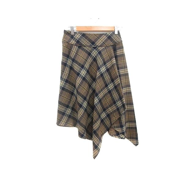 ダナキャランニューヨーク DKNY フレアスカート ひざ丈 チェック ウール 2 M 茶 ブラウン /MN レディース