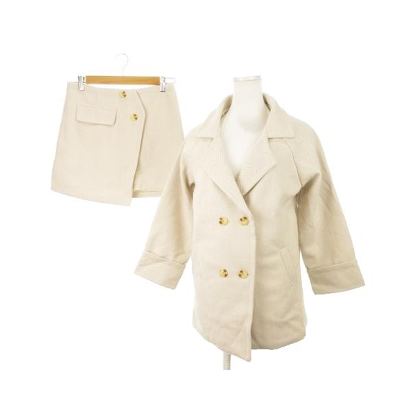 ティアンドティ T＆T セットアップ 上下 ジャケット テーラード 総裏地 ダブル スカート ミニ ヘリンボーン S ベージュ /AH2 レディース【表記サイズ】S【実寸サイズ】身幅：46cm　着丈：68cm　ゆき丈：70cm　スカート　ウ...