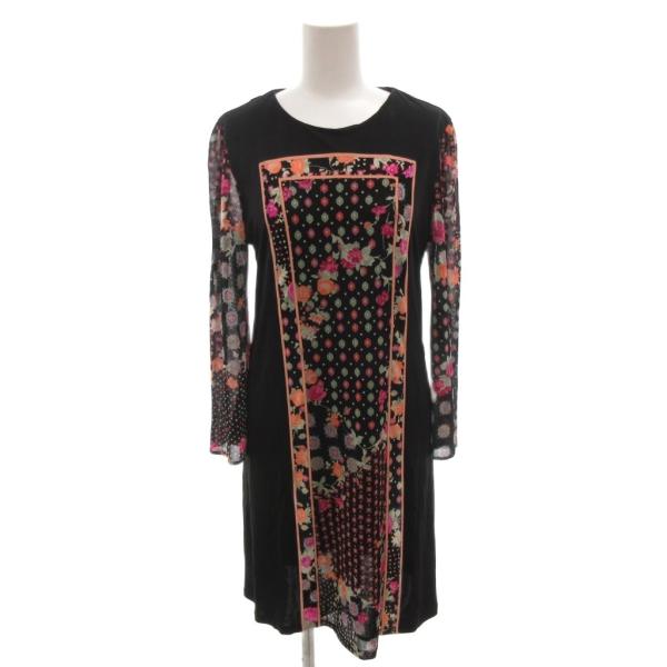LEONARD（レオナール） ワンピース ひざ丈 七分袖 花柄 3 黒 ブラック