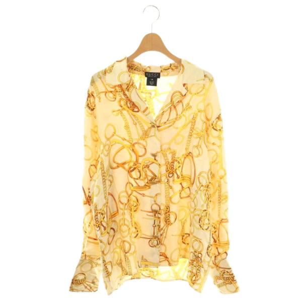 【中古】グッチ ヴィンテージ チェーン柄 シルクシャツ ブラウス オープンカラー 金ボタン 40 ベージュ イエロー GUCCI（グッチ） ヴィンテージ チェーン柄 シルクシャツ ブラウス