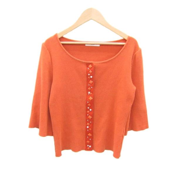 Rene（ルネ） リブニットカーディガン ミドル丈 七分袖 ビジュー装飾