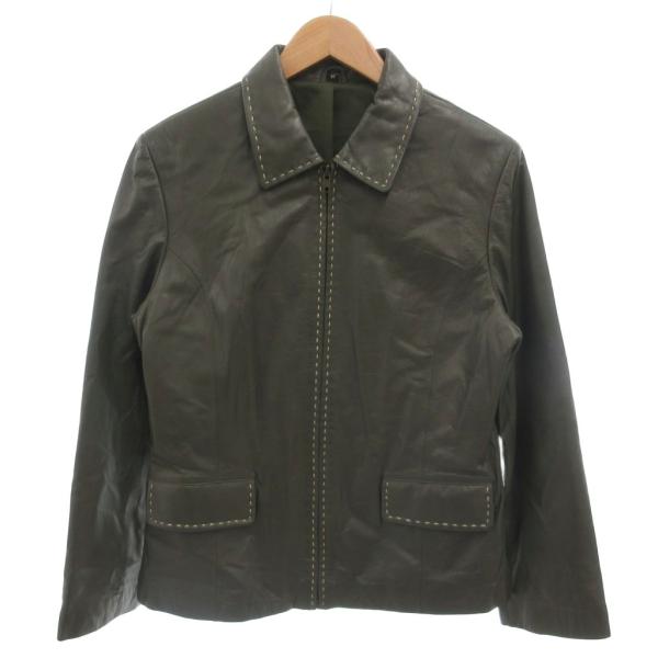 ノーブランド 美品 レザージャケット M カーキ色 レギュラーカラー 長袖 ステッチデザイン /SJ ■GY59 レディース