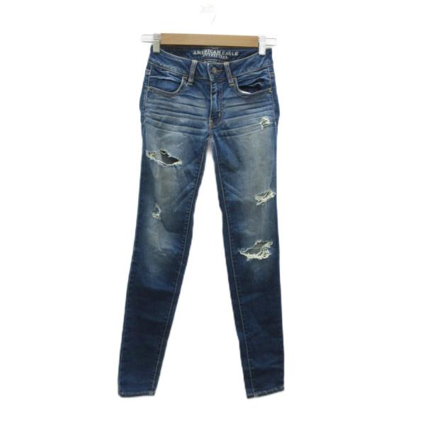 アメリカンイーグルアウトフィッターズ デニムパンツ ジーンズ スキニーパンツ 00 青 ダメージ加工 ロング丈 ■ECC001 レディース
