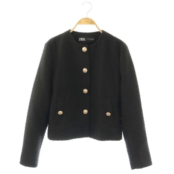 ZARA（ザラ） ノーカラージャケット ウール XS 黒 ブラック ツイード