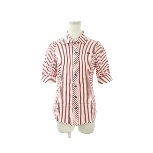 バーバリーブルーレーベル BURBERRY BLUE LABEL シャツ ブラウス 36 赤 レッド 白 ホワイト ストライプ柄 レギュラーカラー 半袖